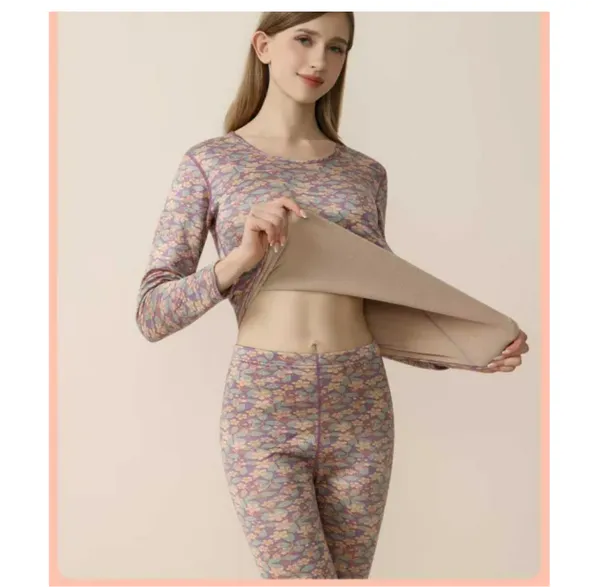 Printed Seamless Inside Fur Thermal Set For Women